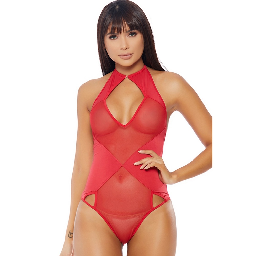 Red Sheer and Opaque Teddy Cut Outs Front Closure